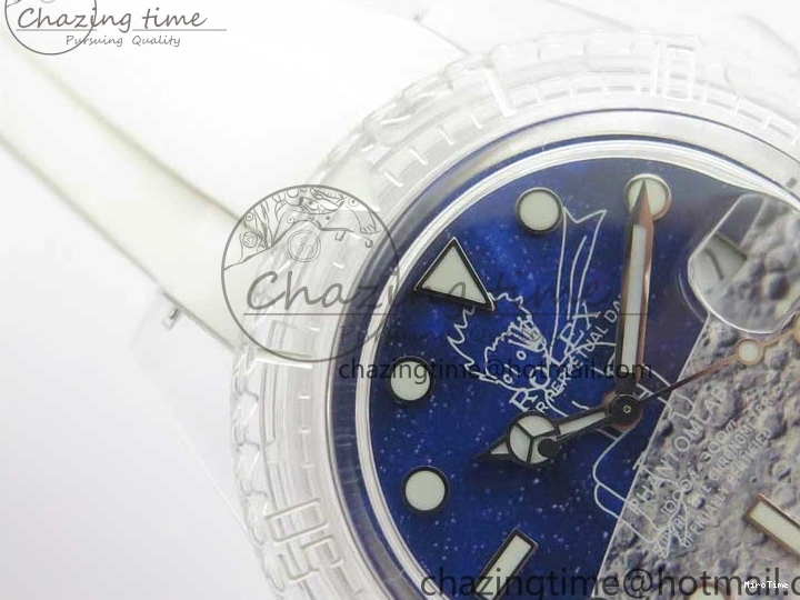 MiroTime 0129 Durable Submariner Phantomlab Transparent KZF Best Edition Blue Moon Dial on White Rubber Strap VR 2564